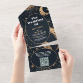 Invitation Tout En Un QR CodeMariage céleste d'or bleu nuit (Déchirure)
