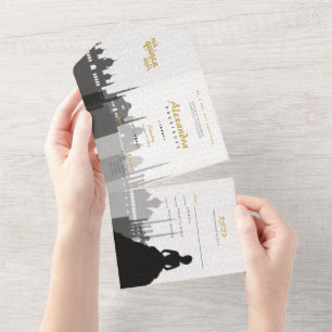 Invitation Tout En Un Quinceañera en noir et or