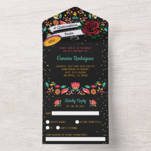 Invitation Tout En Un Quinceañera festa mexicaine rose rouge florale mod