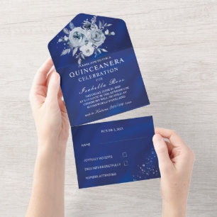Invitation Tout En Un Quinceañera Fleurie Bleu Royal et Argent