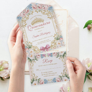 Invitation Tout En Un Quinceañera Florale Élégante avec un Nœud Rose Cla