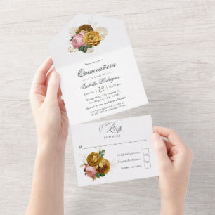 Invitation Tout En Un Quinceañera Florale Rose Pâle et Or Vintage