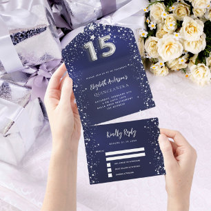Invitation Tout En Un Quinceanera marine bleu argent étoiles rsvp
