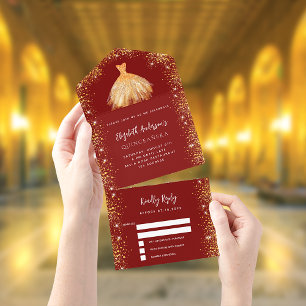 Invitation Tout En Un Quinceanera robe rouge or parties scintillant RSVP