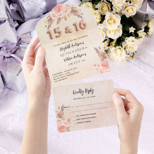 Invitation Tout En Un Quinceanera Sweet 16 pampas rose flores roses RSVP