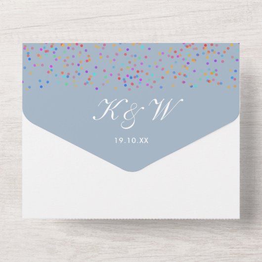 Invitation Tout En Un Rainbow Confetti Dusty Blue Monogram Mariage (Verso)