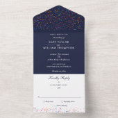 Invitation Tout En Un Rainbow Confetti Marine Mariage Monogramme bleu (À l'intérieur)