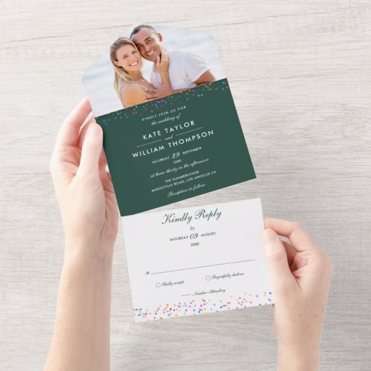 Invitation Tout En Un Rainbow Confetti Monogramme Photo Emerald Mariage (Déchirure)