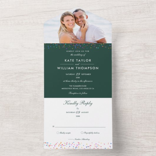 Invitation Tout En Un Rainbow Confetti Monogramme Photo Emerald Mariage (À l'intérieur)