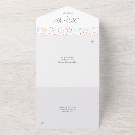 Invitation Tout En Un Rainbow Confetti Script Monogram Mariage (Dehors)