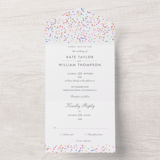 Invitation Tout En Un Rainbow Confetti Script Monogram Mariage (À l'intérieur)