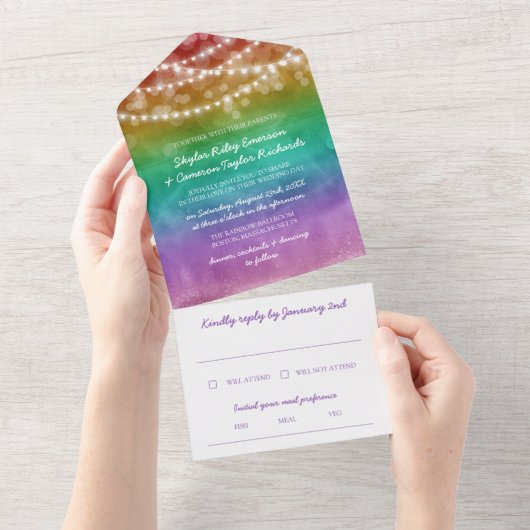 Invitation Tout En Un Rainbow Ombre String Lights Mariage gay (Déchirure)