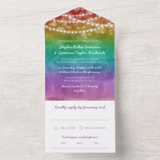 Invitation Tout En Un Rainbow Ombre String Lights Mariage gay (À l'intérieur)