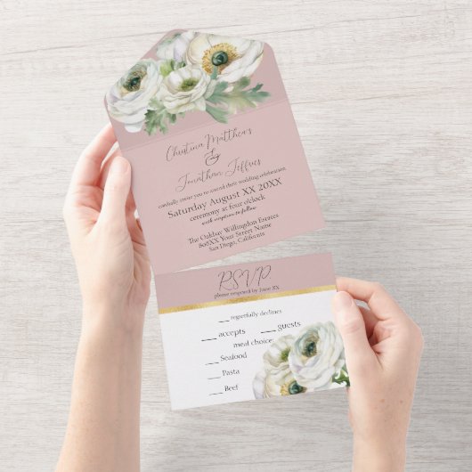 Invitation Tout En Un Ranunculus romantique sur Dusty Pink Blush (Déchirure)