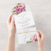 Invitation Tout En Un Ranunculus rose et blanc romantique (Déchirure)