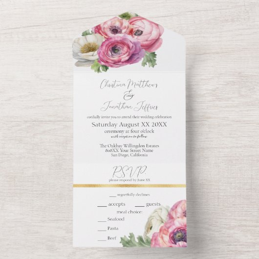 Invitation Tout En Un Ranunculus rose et blanc romantique (À l'intérieur)