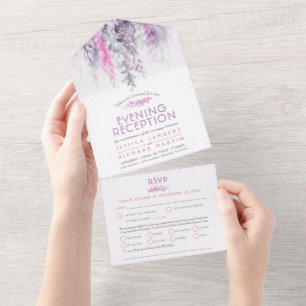 Invitation Tout En Un Réception de mariage au lavis d'aquarelle rose ind