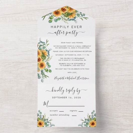 Invitation Tout En Un Réception de mariage au tournesol rustique et euca (À l'intérieur)