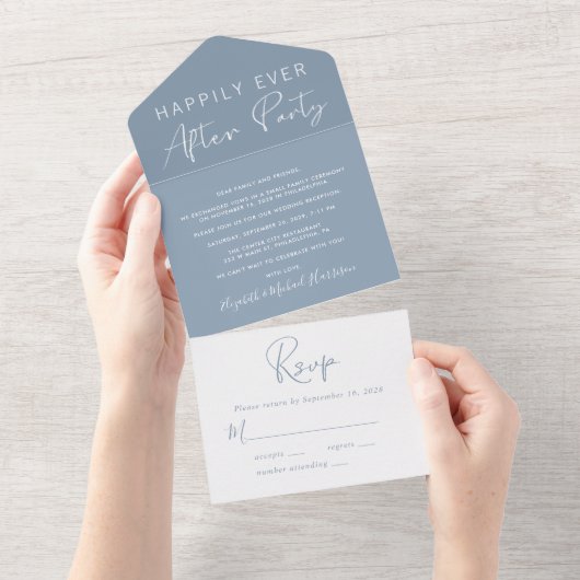 Invitation Tout En Un Réception de mariage Dusty Blue Happily Ever After (Déchirure)