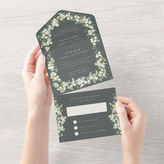 Invitation Tout En Un Réception de mariage Green Snowberry + Eucalyptus (Déchirure)