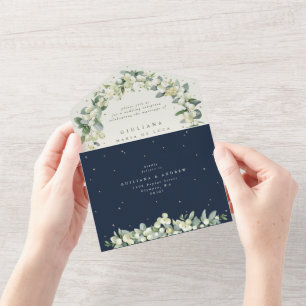 Invitation Tout En Un Réception de mariage Navy Snowberry+Eucalyptus uni