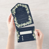 Invitation Tout En Un Réception de mariage Navy Snowberry+Eucalyptus uni (Déchirure)