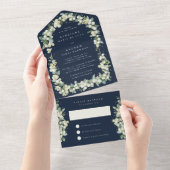 Invitation Tout En Un Réception de mariage Navy Snowberry+Eucalyptus uni (Déchirure)