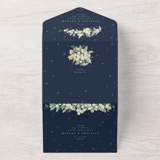 Invitation Tout En Un Réception de mariage Navy Snowberry+Eucalyptus uni (Dehors)