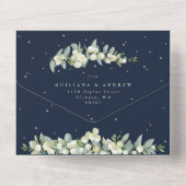 Invitation Tout En Un Réception de mariage Navy Snowberry+Eucalyptus uni (Verso)