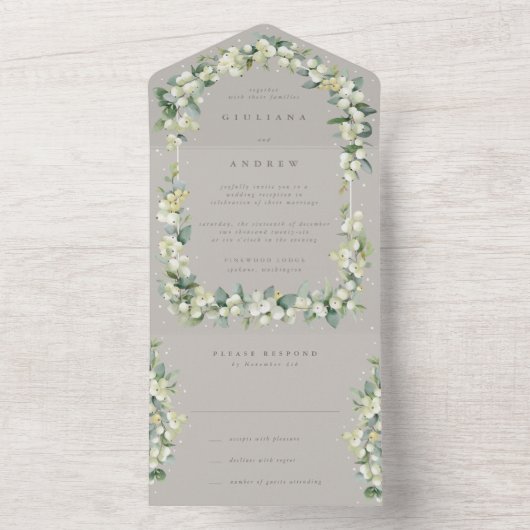 Invitation Tout En Un Réception Tauge/Gige Snowberry+Eucalyptus uniqueme (À l'intérieur)