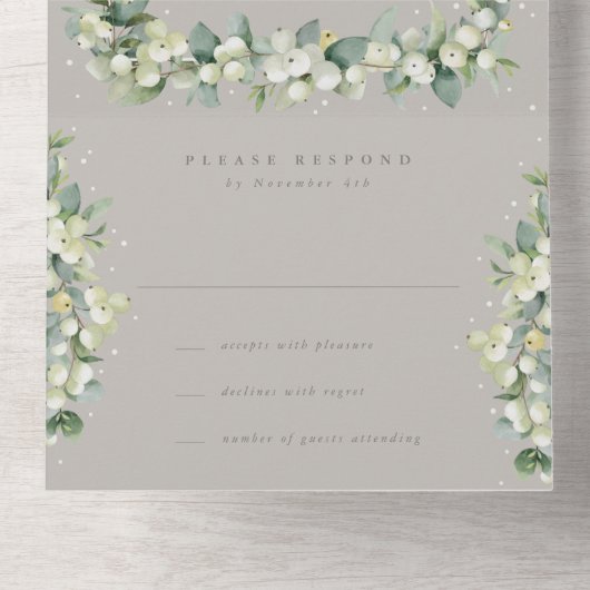 Invitation Tout En Un Réception Tauge/Gige Snowberry+Eucalyptus uniqueme (Intérieur en bas)