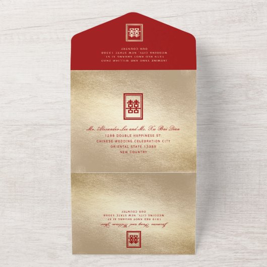 Invitation Tout En Un Rectangle classique Double Bonheur Mariage chinois (Dehors)