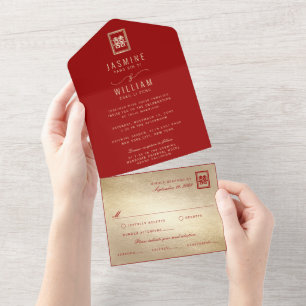Invitation Tout En Un Rectangle classique Double Bonheur Mariage chinois