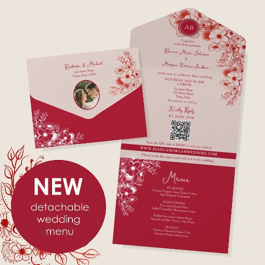 Invitation Tout En Un Red Floral Photo Wedding