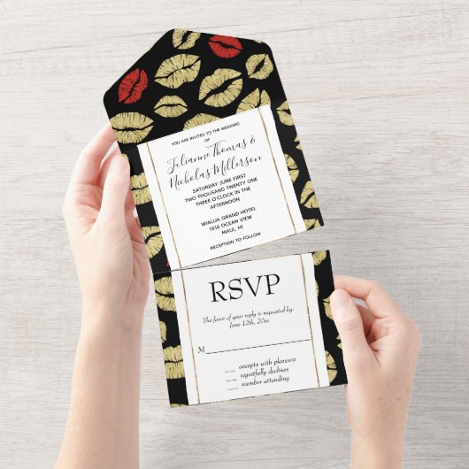 Invitation Tout En Un Red Gold Lips Baisers Romantique Chic Mariage (Déchirure)