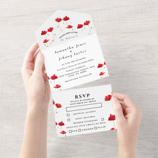 Invitation Tout En Un Red Poppies Aquarelle Script Mariage élégant (Déchirure)