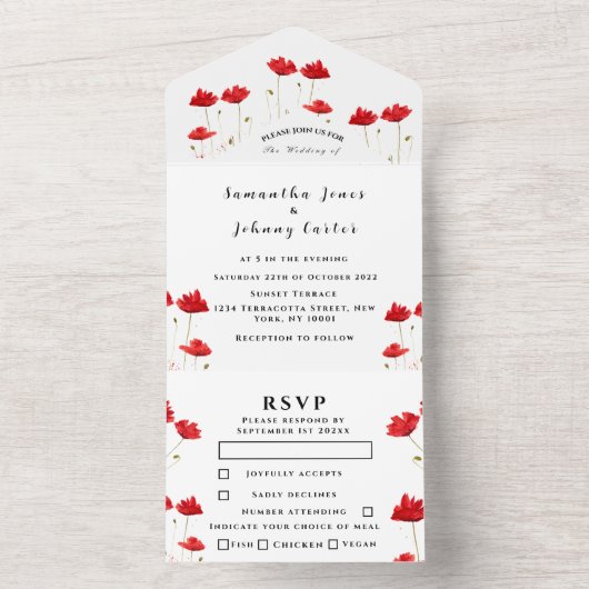 Invitation Tout En Un Red Poppies Aquarelle Script Mariage élégant (À l'intérieur)