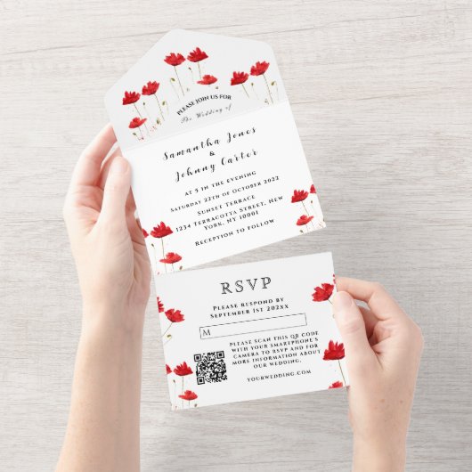 Invitation Tout En Un Red Poppies Aquarelle Script Mariage élégant (Déchirure)