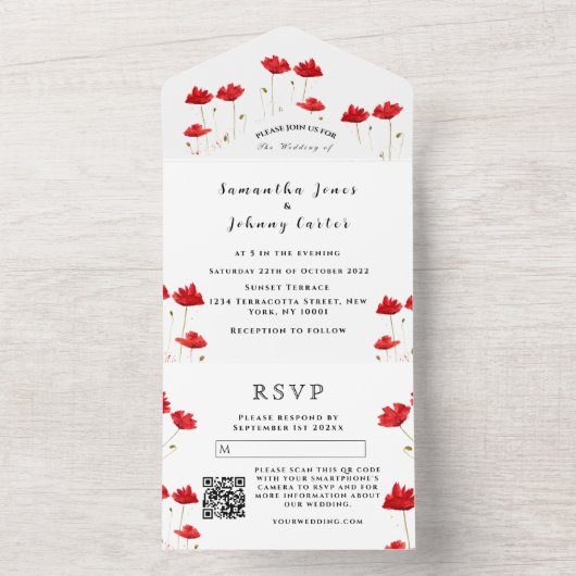 Invitation Tout En Un Red Poppies Aquarelle Script Mariage élégant (À l'intérieur)