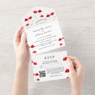 Invitation Tout En Un Red Poppies Aquarelle Script Mariage élégant