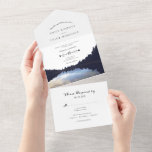 Invitation Tout En Un ©Reflets du Lac Rustique Mariage au bord du lac<br><div class="desc">♥ Les reflets du lac avec la silhouette d'arbre et les nuages romantiques du ciel des éléments de design de flèche boho créent une belle invitation de mariage au bord du lac ou dans la forêt ! ♥ Ces invitations de mariage adorables et économiques sont conçues avec une carte postale...</div>