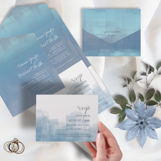 Invitation Tout En Un Réflexions aquarelle Mariage Dusty Blue ID774