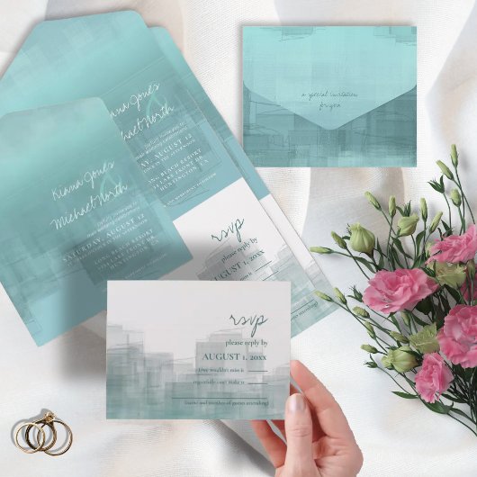 Invitation Tout En Un Réflexions aquarelle Mariage Turquoise ID774
