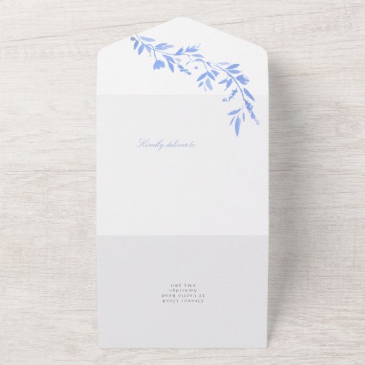 Invitation Tout En Un Regency Blue Leafy Monogram Crest Mariage (Dehors)