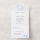 Invitation Tout En Un Regency Blue Leafy Monogram Crest Mariage (À l'intérieur)