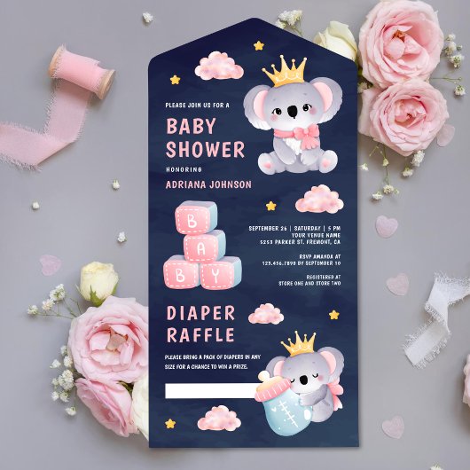 Invitation Tout En Un Reine rose Koala ours fille marine Baby shower ble