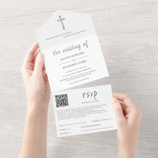 Invitation Tout En Un Religieux blanc | Code QR Mariage (Déchirure)