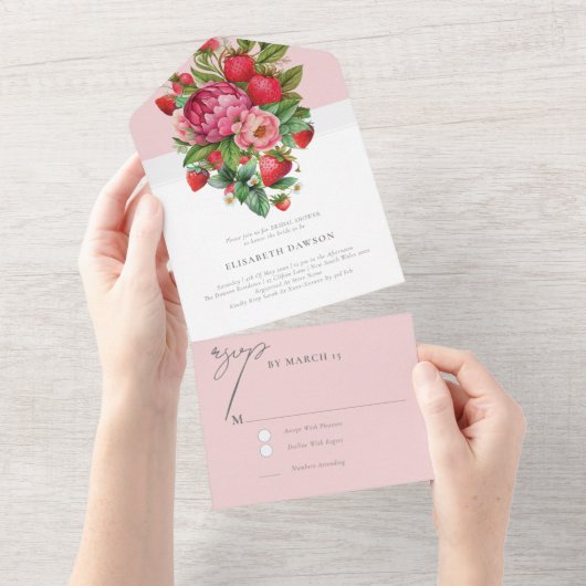Invitation Tout En Un Réponse au mariage élégant fraise et pivoines (Déchirure)