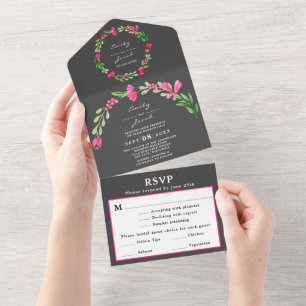 Invitation Tout En Un Réponse de mariage rustique gris foncé floral rose