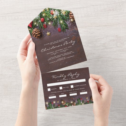 Invitation Tout En Un Réponse pour la soirée de Noël rustique (Déchirure)